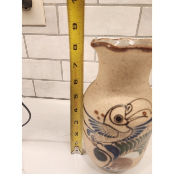Hand Painted Art Pottery Mexican Tonala‎ Bird Flowers Floral Vase Signed 8 1/4" - Picture 9 of 11